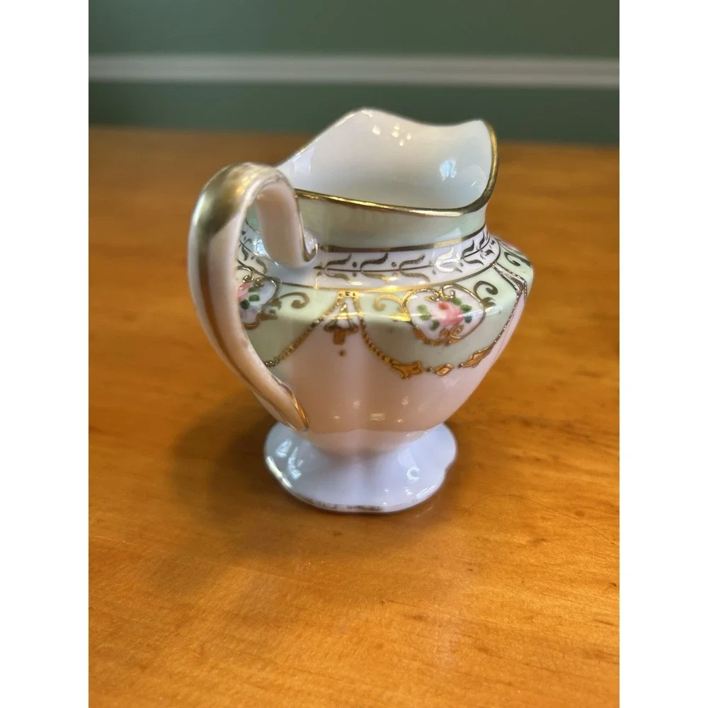 Cottagecore Hand Painted Porcelain Mini Creamer Floral Gold‎ Moriage Pink Green